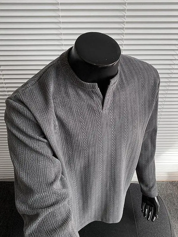 Wheat ear texture small V-neck long-sleeve T-shirt, men’s spring heavyweight premium-feel layering sweatshirt, loose top #fathersdaygift