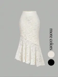 Women's asymmetrical textured apricot mermaid midi skirt, suitable for Halloween, Christmas, and autumn/winter wear. Can be worn as an outerwear skirt; chic, country style; Sheer Lace Skirt.