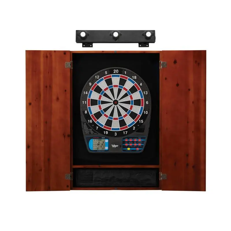 Viper 787 Electronic Dartboard Bundle - 15.5" Regulation Size, Thermal Resin, Backlit Score, Metropolitan Cinnamon Cabinet, Shadow Buster Dartboard Light for Game Nights, Accommodates Up To Sixteen Players, Illuminates Dartboard