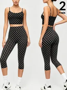 2026 Polka Dot 2 Piece Outfits for Women, Workout Sets, White Dots Crop Cami Top + Medium Waist Tummy Control Capri Leggings Set, Y2K Aesthetic Casual Workout Activewear, Summer Loungewear for Gym Yoga Wear, Matching Set