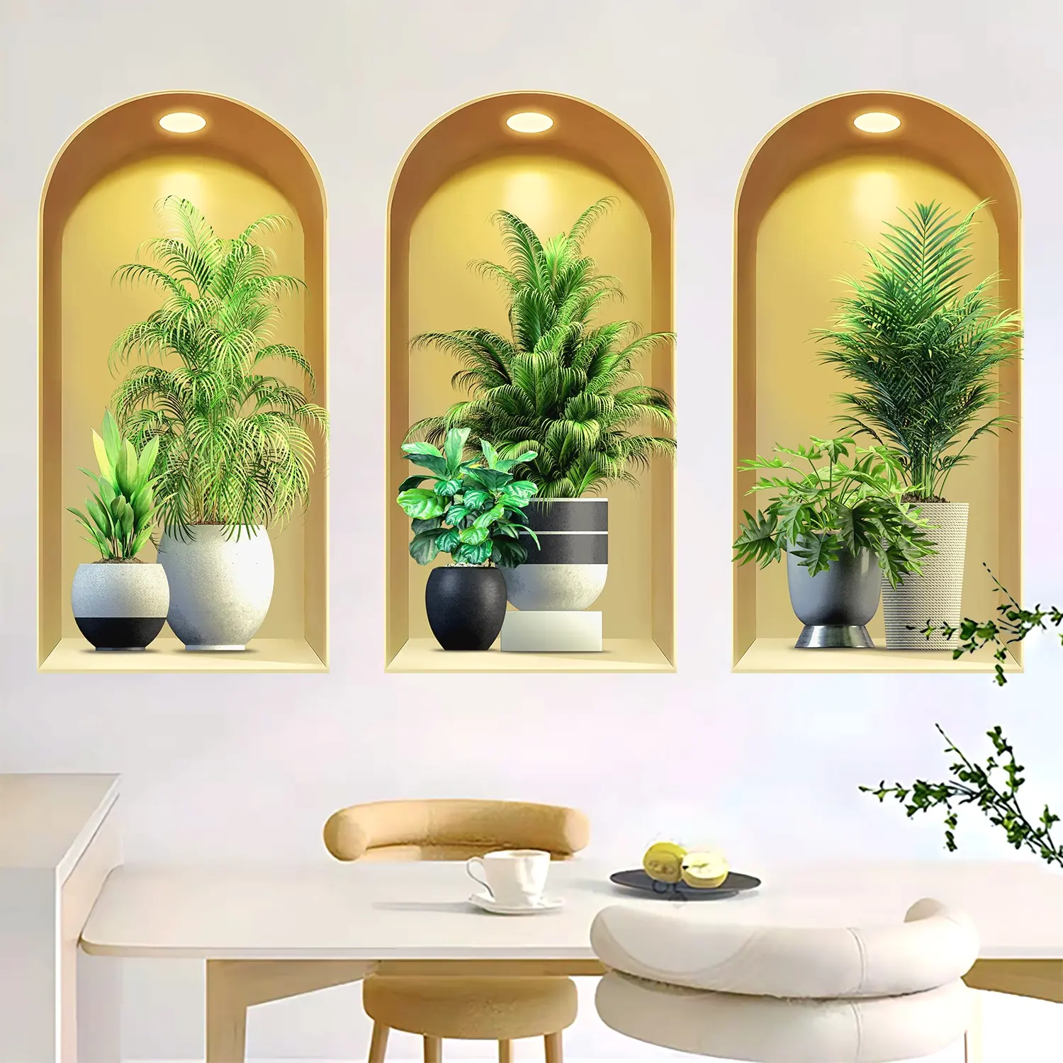 3-piece set, Nordic green plant themed simulated arched window flower basin wall sticker, self-adhesive removable decorative sticker, suitable for wall decoration in living rooms, dining rooms, and study rooms, Home Decor, Wall Decal, Wall Art Stickers