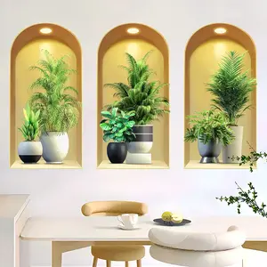 3-piece set, Nordic green plant themed simulated arched window flower basin wall sticker, Wall Decal, self-adhesive removable decorative sticker, Adhesive Stickers, suitable for wall decoration in living rooms, dining rooms, and study rooms