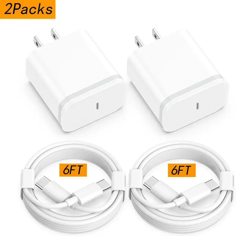 2-Pack Electronic Type C Portable 20W Power Adapter Cube (Fireproof Shell, 110v-240v) with 6FT/10FT USB C Cables for Cellphone, iPhone 16/15 Series, iPad, Samsung Android Smartphones