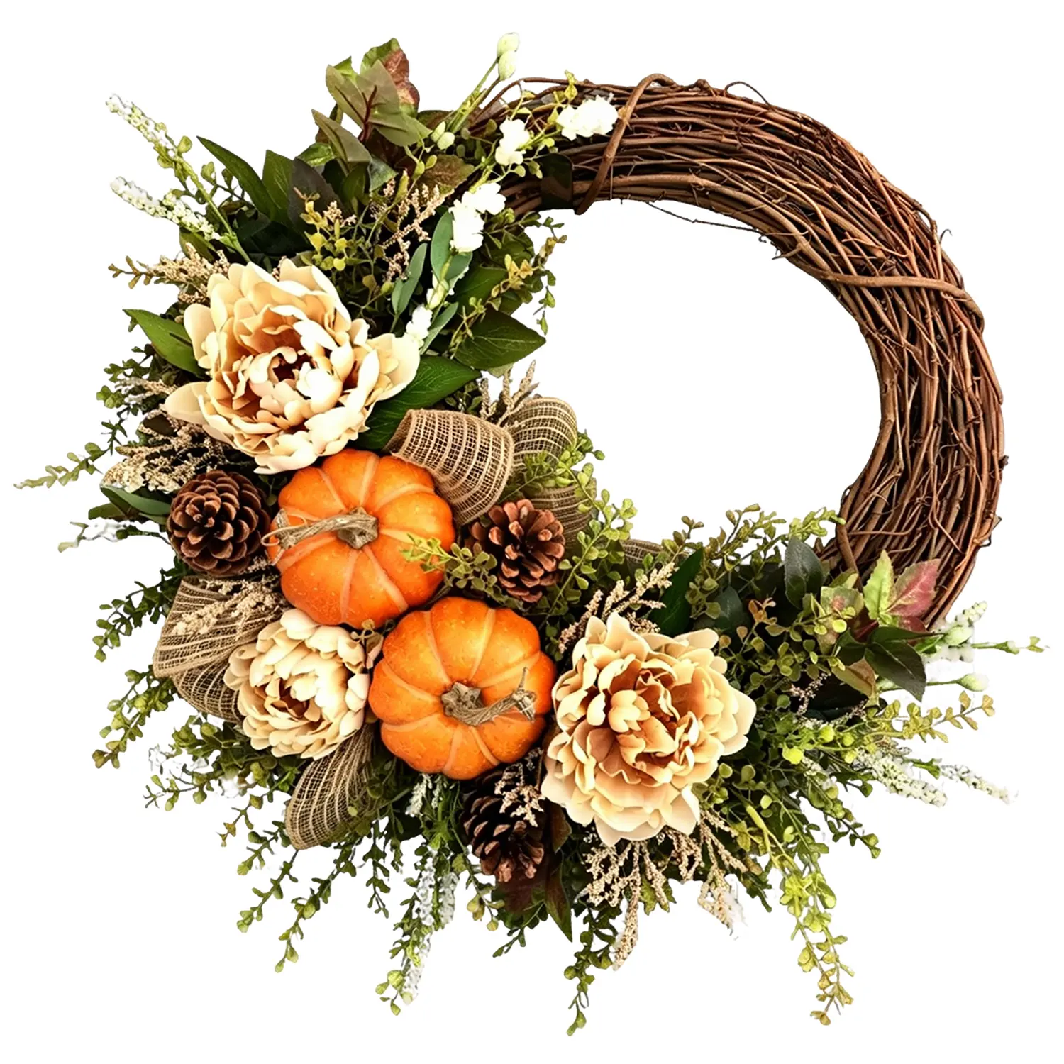 Rustic Plastic Pumpkin Peony Grapevine Fall Wreath for Front Door - Farmhouse Autumn Decoration for Porch, Entryway - Perfect for Harvest, Thanksgiving Family Gatherings, Holiday Displays