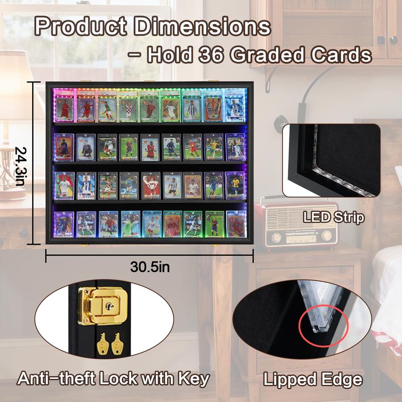 IHEIPYE LED Baseball Card Display Case 36 Graded Sports Card Frame with UV Protection Clear View Lockable Wall Cabinet for Football Basketball Trading Cards Horizontal Wood