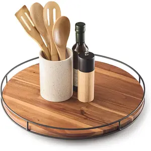 18" Acacia  Lazy Susan Turntable with Metal Frame - Large Brown Lazy Susans Organizer Countertop Storage - Wooden Serving Tray for Charcuterie Cheese Board - Kitchen Counter Rotating