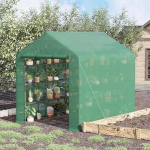 Outsunny Walk-in Greenhouse, PE Cover, 4-Tier Shelves, Steel Frame Green House with Roll-Up Zipper Door for Flowers, Vegetables, Saplings, Tropical Plants