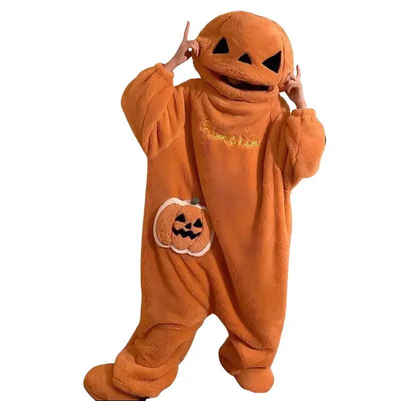 （No Shoes）Unisex Adult Pumpkin Plush Onesie Pajamas, Halloween Jack O Lantern Hooded One Piece Sleepwear, Cute Flannel Kigurumi Loungewear with Pumpkin Pocket Cosplay Costume