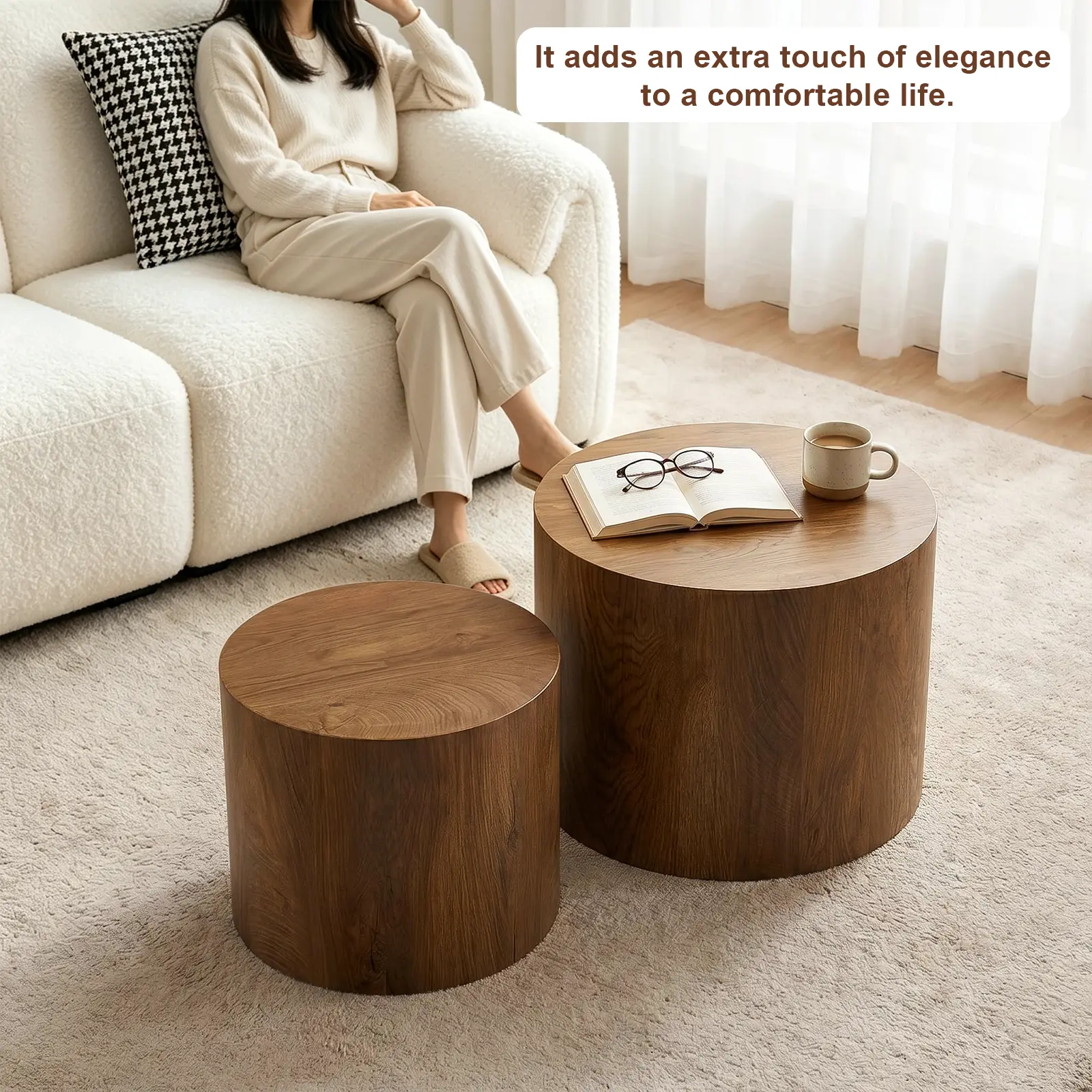 Nesting Coffee Table Set of 2, Modern Round Side Tables with Non-Slip Feet, Space-Saving Wood Accent Table for Living Room Bedroom Office Balcony, No Assembly Required, Contemporary Table, Matching Coffee Table