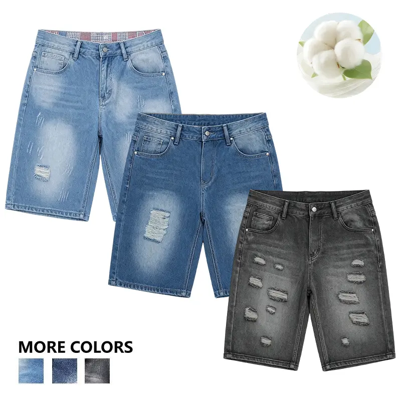 Clean Gent men’s ripped straight-leg denim shorts—loose fit street style, cotton denim fabric with stretch for comfort, suitable for everyday wear and outdoor streetwear menswear.