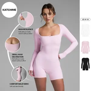 Katch Me Women's Workout Solid Color Lace Square Neck Long Sleeve Seamless Bodysuit, Minimalist Slim-Fitting Tummy Control Stretch Shapewear
