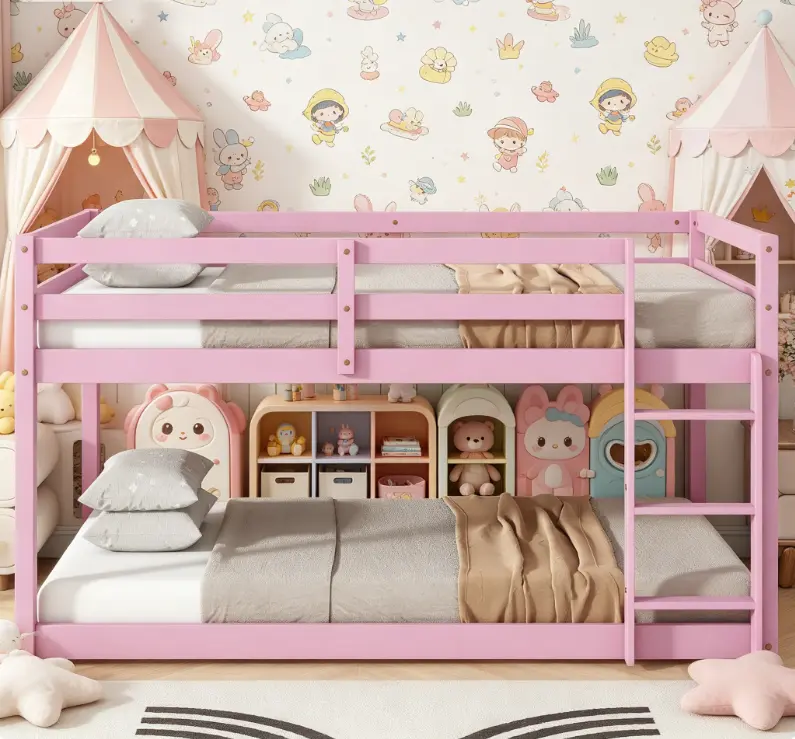 Stylish Pink Solid Wood Bunk Bed, Twin Over Twin Floor Bed with Ladder & Strengthened Slats, Elegant Bedroom Furniture for Modern Home