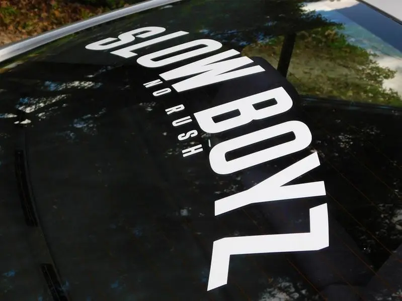 Slow Boyz - No Rush V1 Windshield Rear Window Decal Car Sticker Banner JDM Vinyl Graphics Stance Kanji KDM