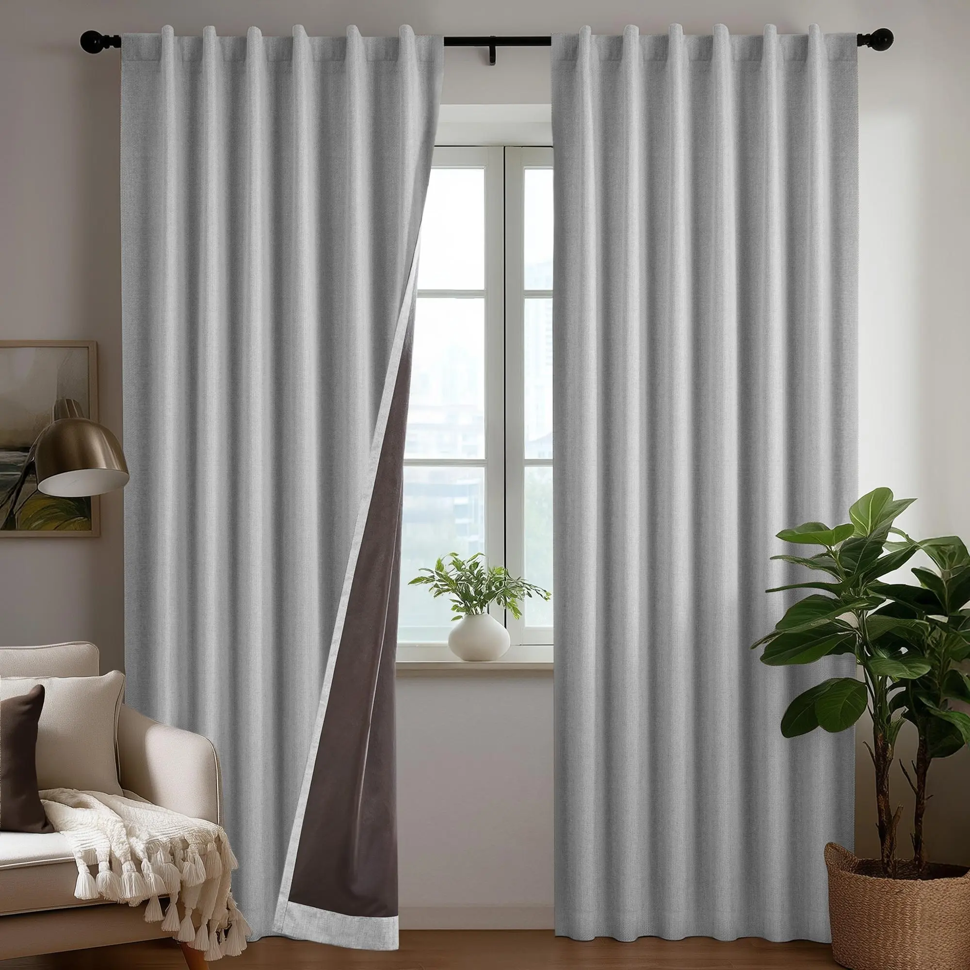 Deconovo 100% Blackout Curtains Faux Linen Look with Coffee Bottom Backing, TPU Invisible Loop Tabs Hidden Hook Design, Thermal Insulated Room Darkening Window Panels