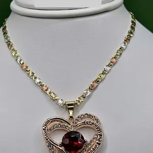 Red Garnet Color Heart Pendant 1.1 Inch 3mm 19.5 Inch Copper Not water resistant Gold Plated Necklace with Vibrant Color