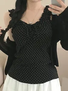 Girls' Y2K Style Polka Dot Print Sleeveless Vest with Ruffled Edges, Slim-Fit Summer Casual Top, Cute Fashionable Design for Daily Wear