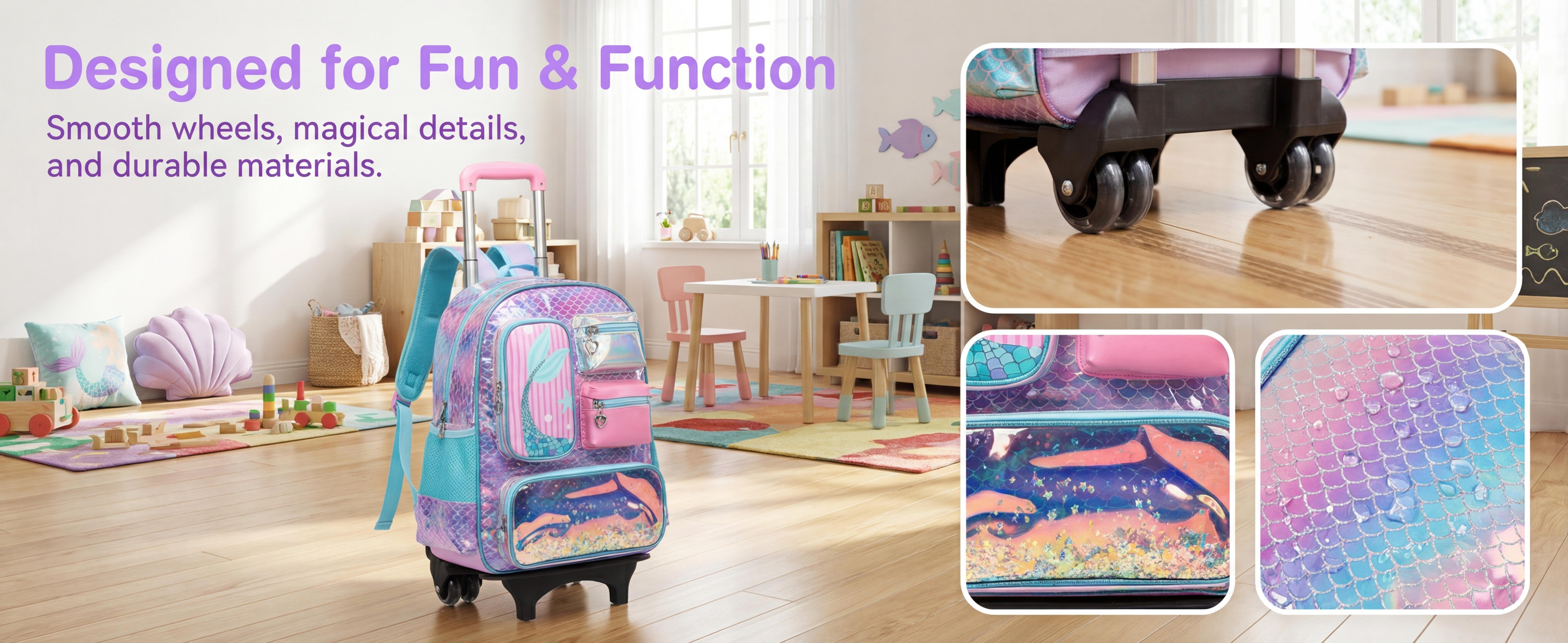 Rolling Backpack for Girls with Wheels Elementary School Bag Lunch Box Pencil Case Set for Ages 6-12 Years Old Mermaid Design