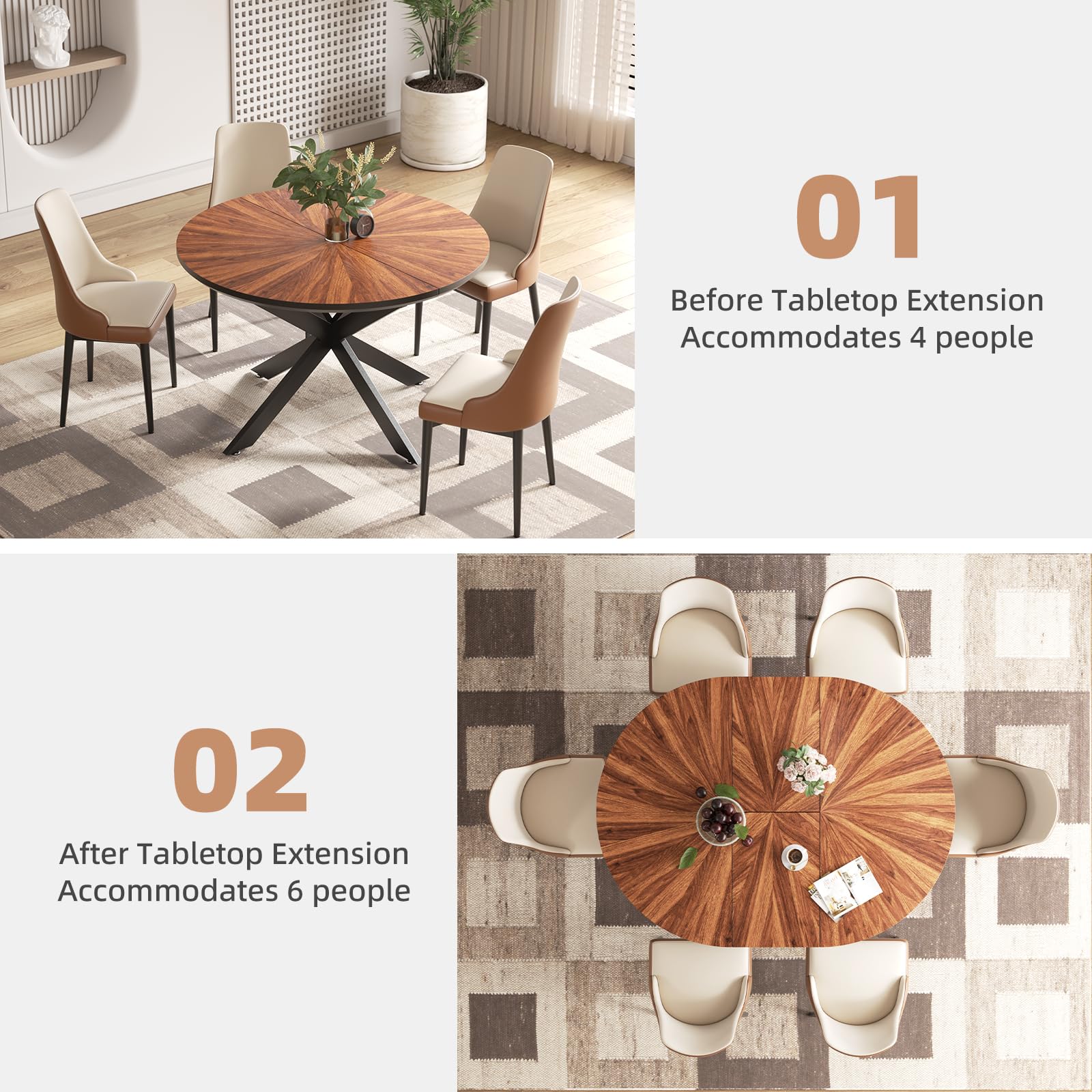 47.2"-63" Extendable Round Dining Table for 4-6, Modern Farmhouse Kitchen Oval Dining Table with Removable Leaves Space Saving, Expandable Table, Solid Wood Tabletop & Metal Frame, Walnut Dining Room Furniture