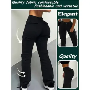 Women's Black Oversized Cargo Pants with Multiple Utility Pockets - 2K Streetwear Workwear Trousers, Straight Leg Relaxed Jeans, Heavy-Duty Pocket Design & All-Season (Casual & Professional)
