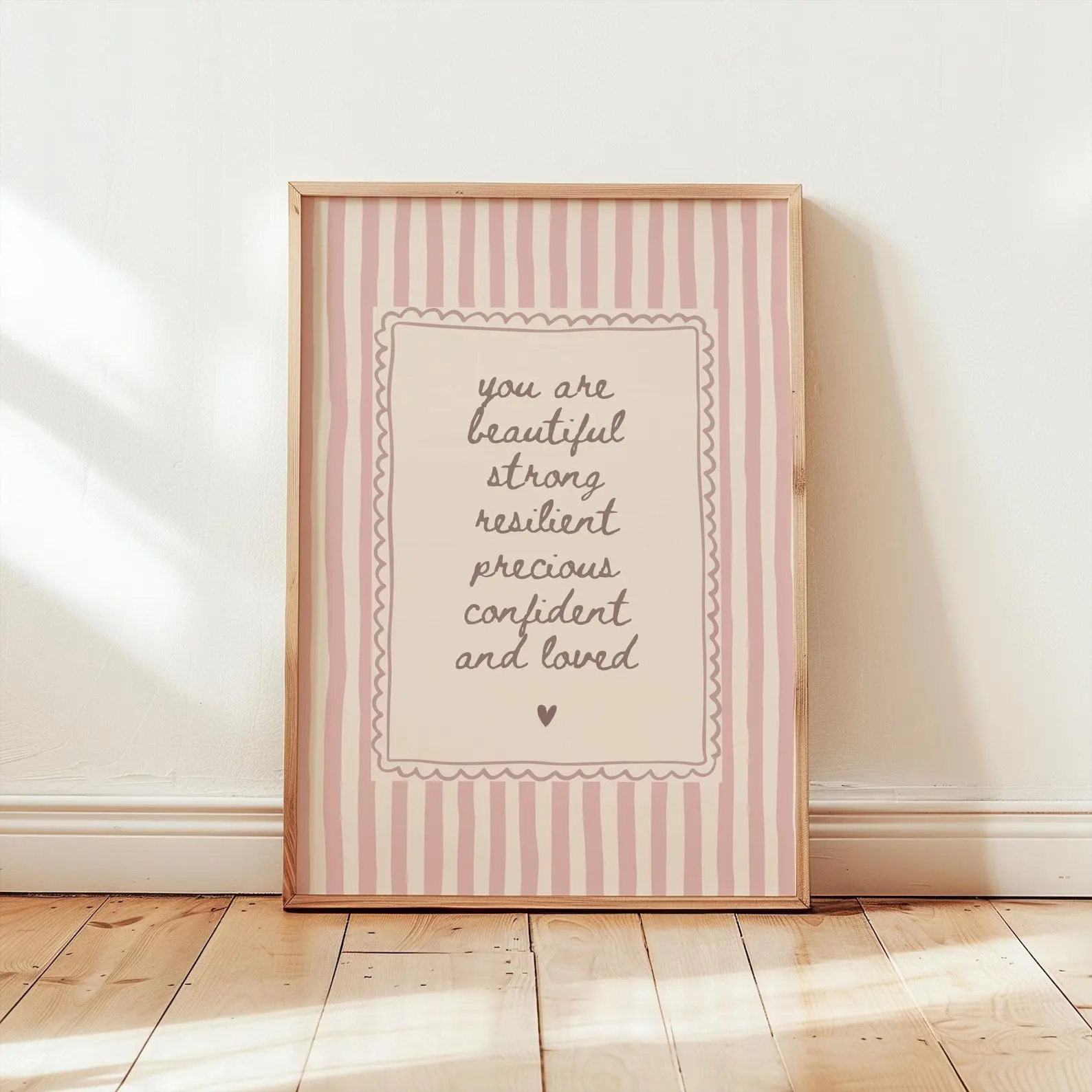 [Print Only - Unframed] You Are Beautiful Print, Girls Nursery Affirmation Wall Art, Pink Striped Decor, Positive Girls Bedroom Poster