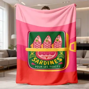 French-Inspired Sardine Can Throw Blanket Cute Sardines & Toast Design in Pink Green and Beige Soft Flannel Bedspread or Couch Decor Wrinkle Lightweight Perfect Gift for Fish All Seasons Use