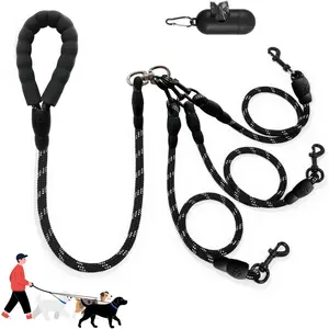 No-Tangle 3 Dogs Leash Main Lead with Padded Handle, Three Detachable Splitters with Heavy-Duty Clip, Perfect for Walking Running, Fits Small Medium Large Dogs Black