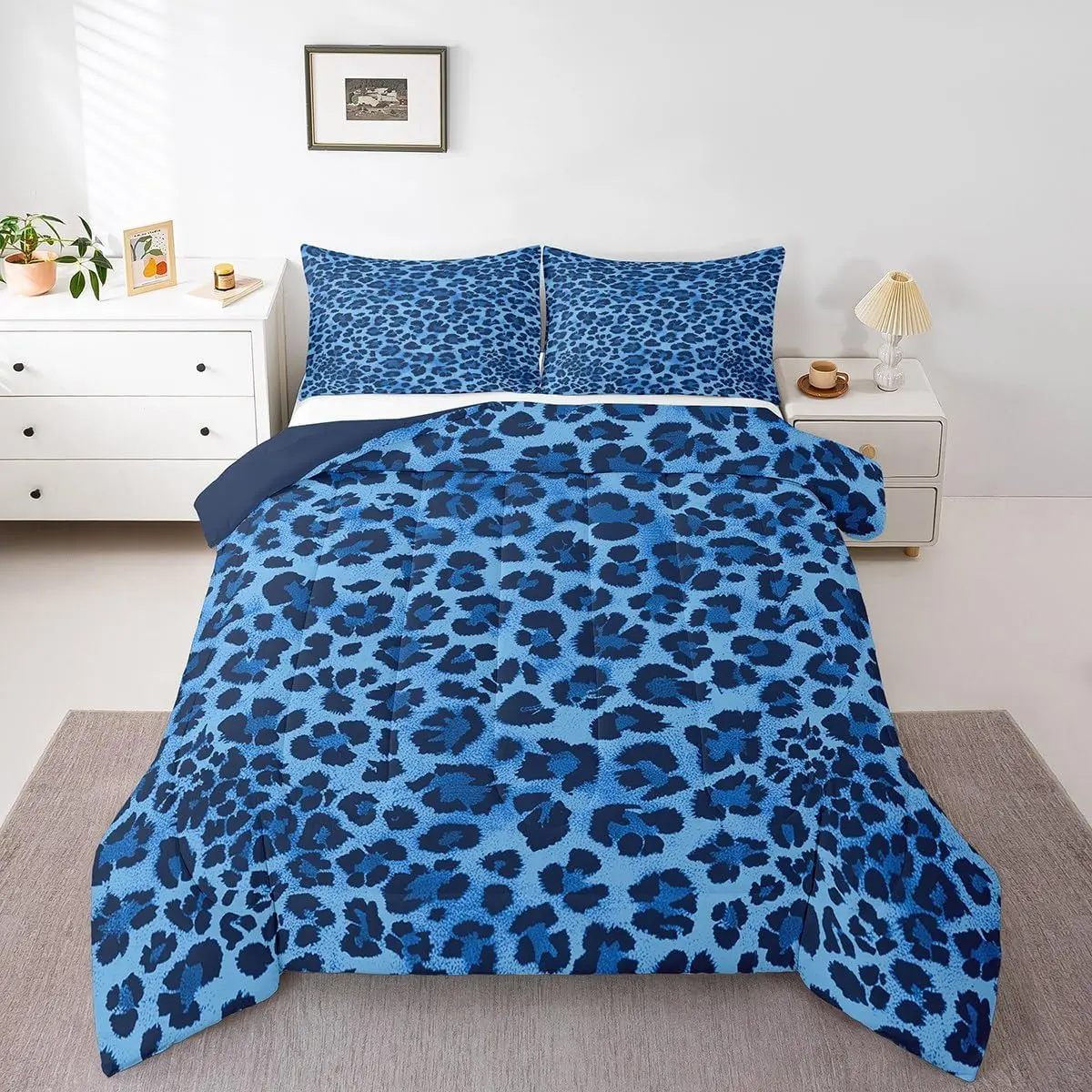Animal Print Bedding Set Blue Leopard Comforter Set Decor Cheetah Comforter Microfiber Safari Duvet Set Bedroom Zebra Quilt Set