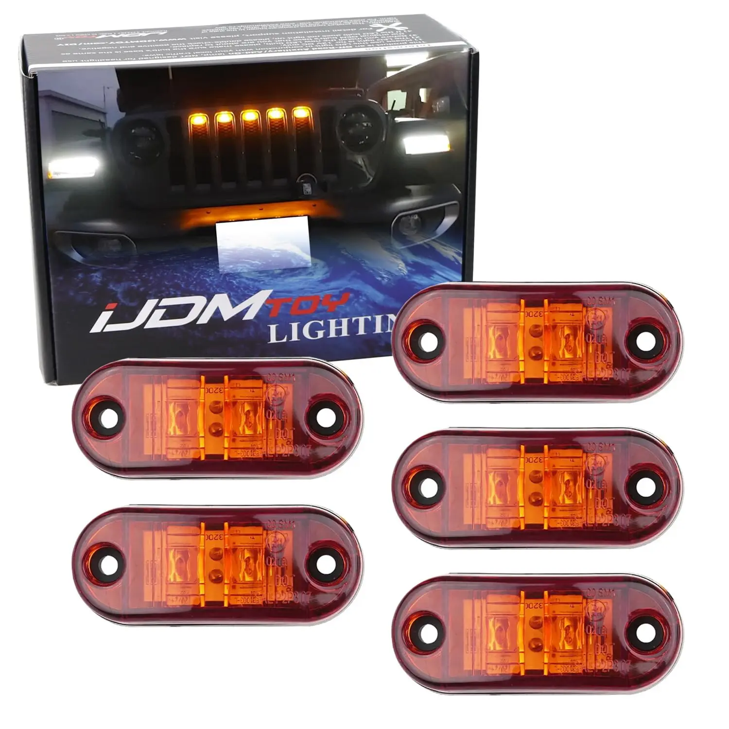 iJDMTOY 5pc Tinted Dark Amber Lens Yellow LED Front Grill Lighting Kit For 2018-up Jeep Wrangler JL
