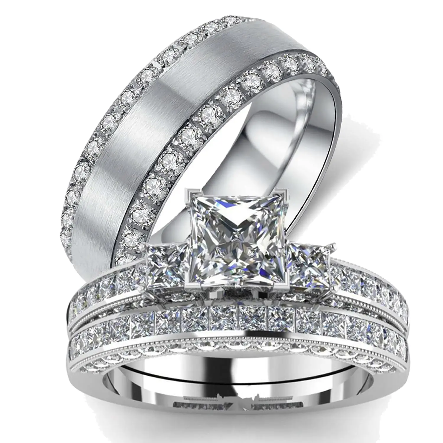Ringcrown Couple Rings Matching Ring Three stone Square Cut 1ct CZ White Gold Plated Women Wedding Ring Sets For Him And Her Ring Sets Men Titanium Steel Wedding Band