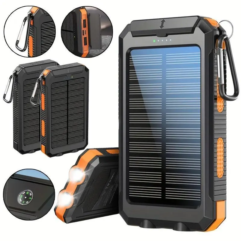 10000mAh High Capacity Solar Power Bank, Waterproof Portable Charger Equipped with LED Flashlight, Dual USB-A Ports, Compass and Carabiner, Ideal for Android Phones & Outdoor Activities