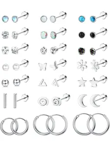 21Pairs Surgical Steel Flat Back Earrings Hypoallergenic Post Earrings Non Tarnish Jewelry 20G Screw Back Nap Stack Cartilage Earring Stacks Ear Studs