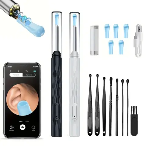 Ear Wax Removal Tool, Visual Ear Pick, Ear Wax Removal Kit with Camera and Lighting, Ear Care Kit, Ear Cleaner Camera, 6 Silicone Heads Suitable for iOS and Android Phones, Convenient and Safe Home Ear Cleaning Tool, Birthday Gift, Holiday Gift, Black