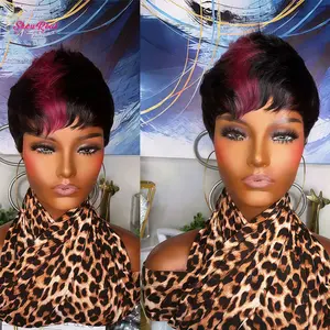 ShowRealHair Skunk Patch Pixie Cut Wig Short Pixie Wig Straight Skunk Patch Wig With Bangs Full Machine Ready To Wear Glueless Wig For Black Women