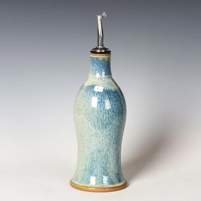 Handmade Stoneware Olive Oil Bottle: Blue & White Glaze, Non-Drip Spout