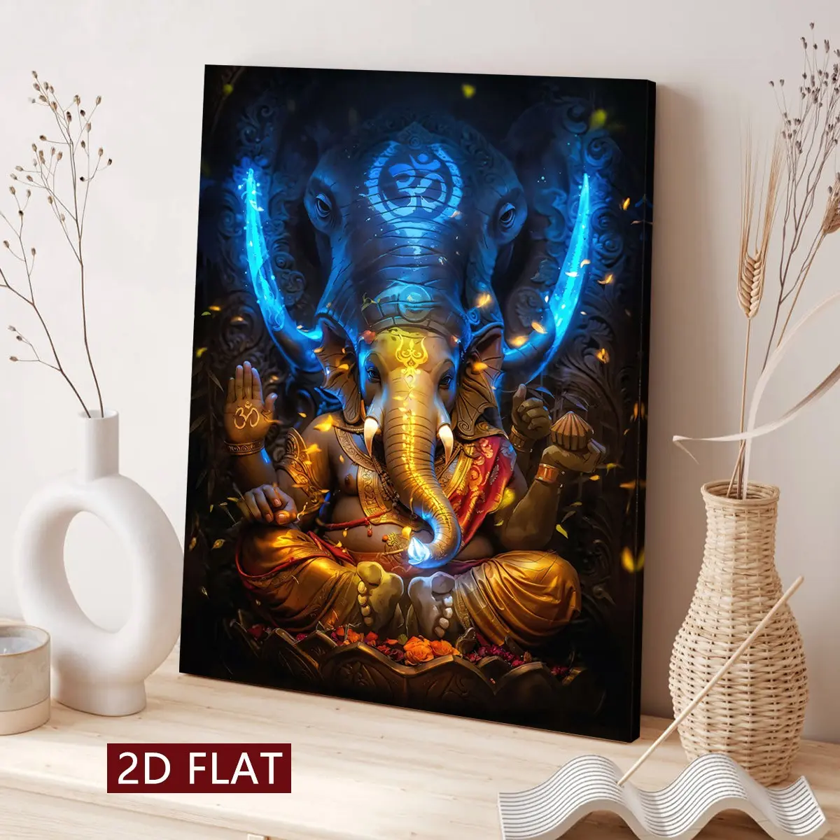 Wood Frame Canvas Poster, Gold Blue Ganesha Religious Art, Modern Home Decor, Waterproof, Perfect Gift for Living Room, Office, Bedroom
