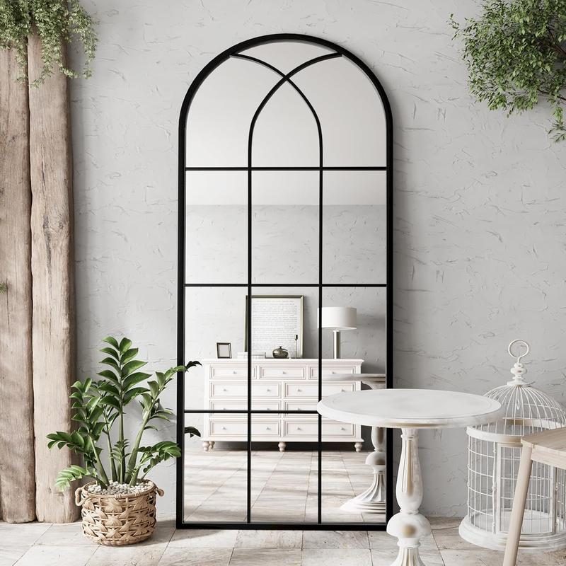 Mirror Full Length, 71"x32" Large Arched Mirror, Black Full  Window Pane Mirrors, Oversize Farmhouse Standing Wall Mirrors Hanging or Leaning for Living Room, Entryway, No Stand