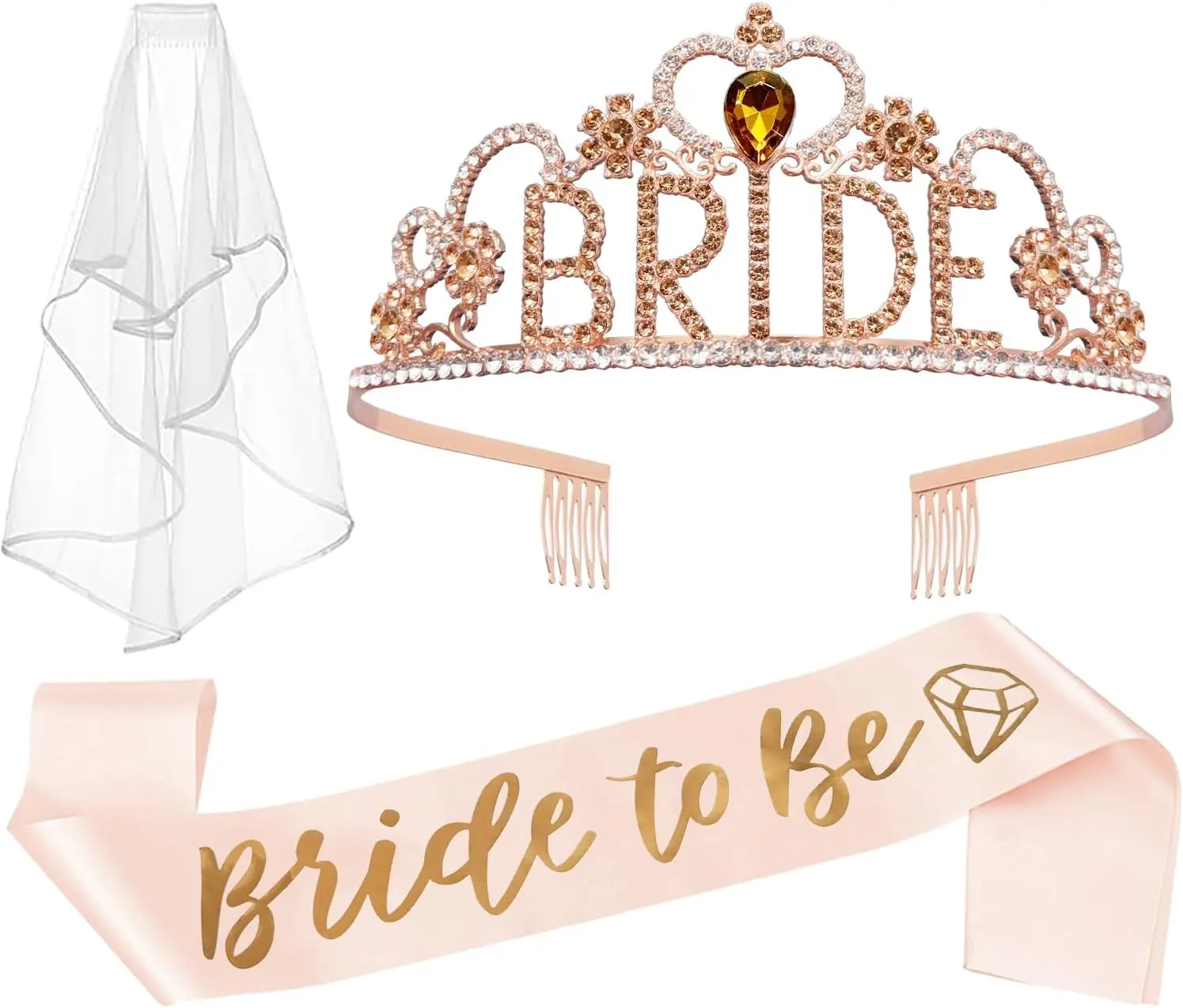 JETKONG 3 Pcs Bachelorette Party Decorations BRIDE Crown, Bride to Be Sash&Veil for Women Bachelorette Party Gifts, Bridal Shower Supplies, Gifts, Favors (Rose Gold)