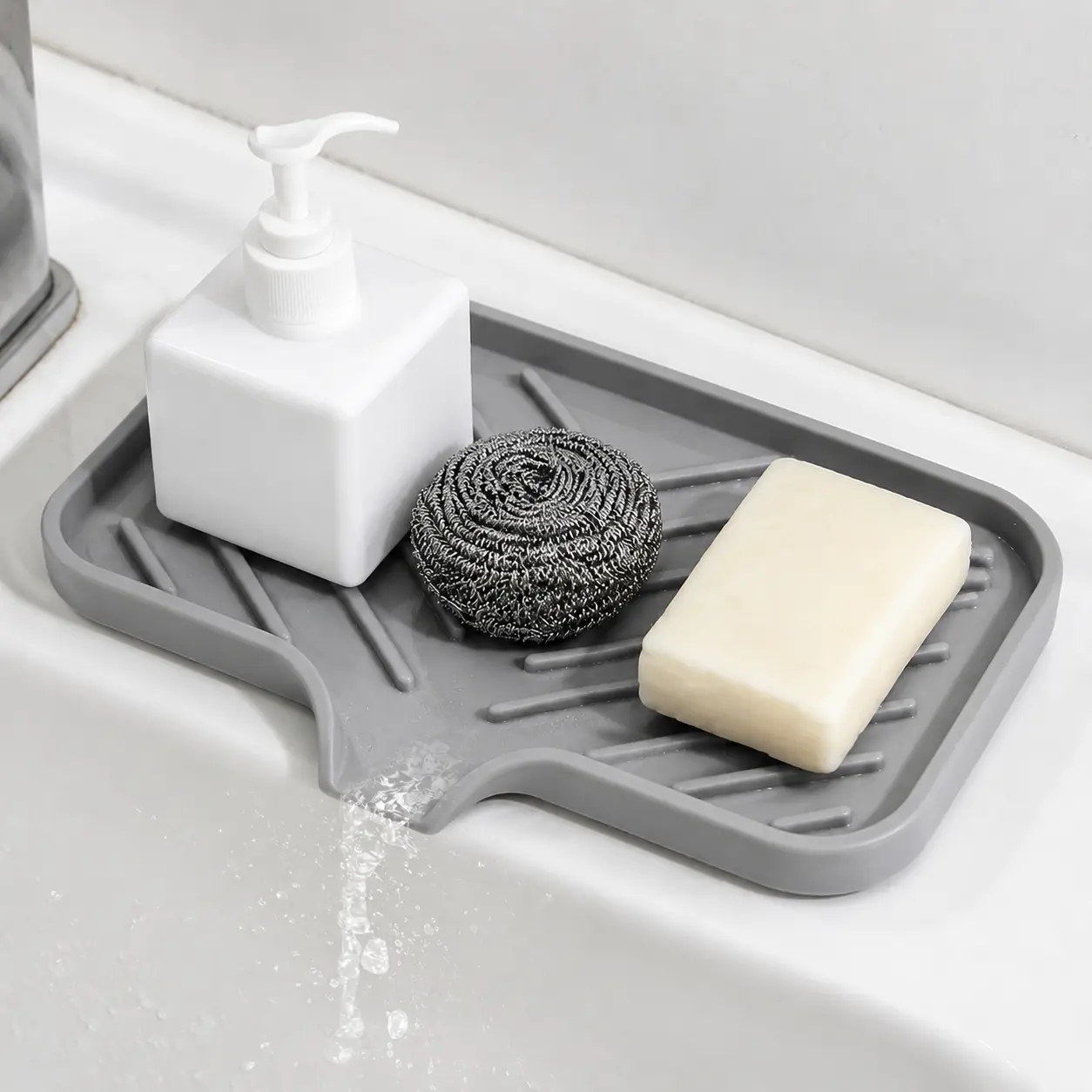 Sponge Holder for Kitchen Sink, 9.6x5.9 Inch Auto-Draining Soap Tray & Sink Organizer | Compatible with Scrub Daddy, Keep Countertops Dry, Kitchen Sink Accessories (Grey)