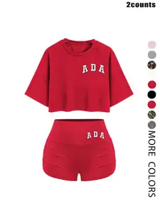 Women's "ADA" Letter Print 2-Piece Set – Cropped Short-Sleeve Top & High-Waisted Ruched Shorts, Multiple Colors (Pink/Black/Red) for Casual/Lounge Wear
