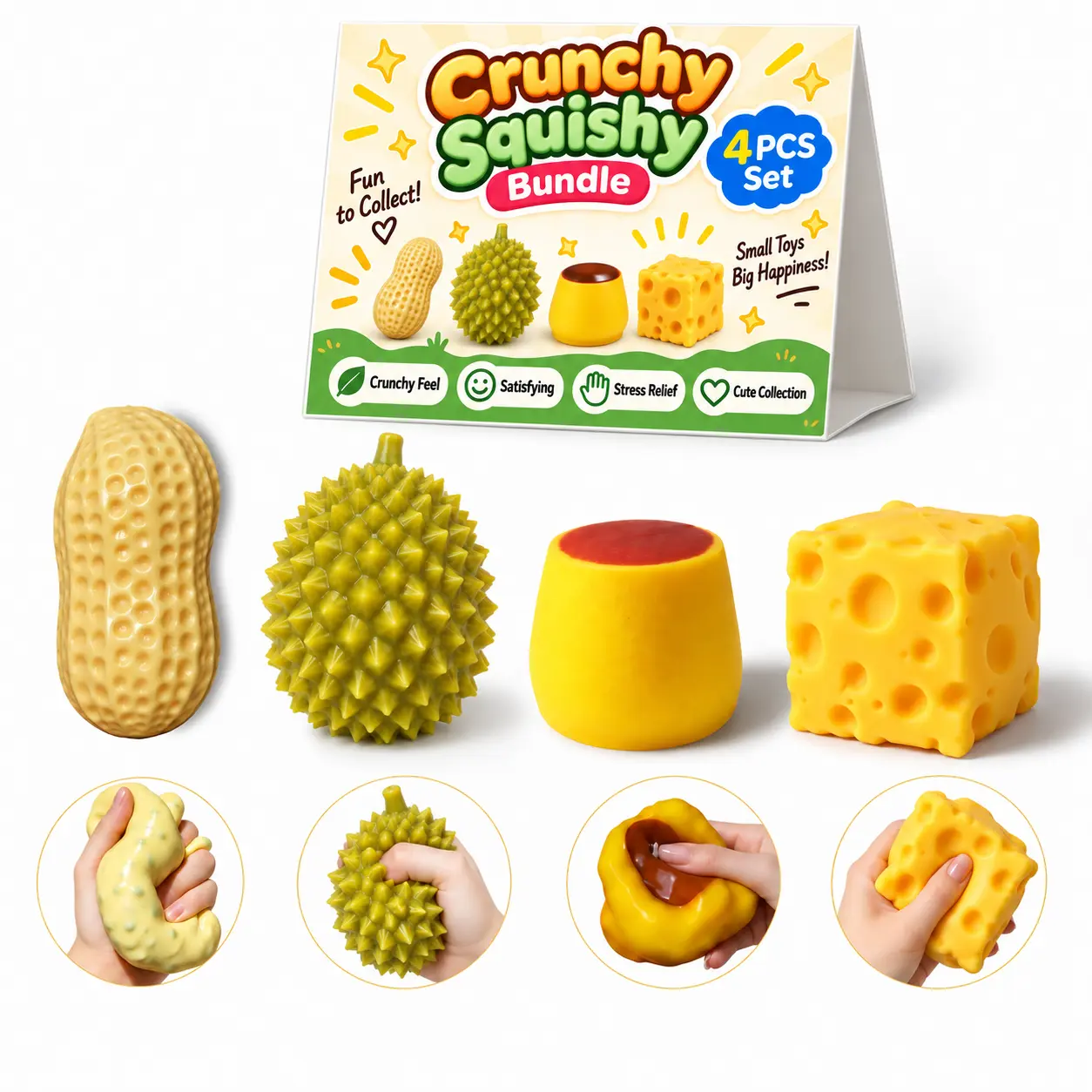 4 Pack Crunchy Squishy Toy Set, Peanut Durian Pudding Cheese Squeeze Toys with Satisfying Sound, Cute Squishies Bundle with Soft Slow Rising Squeeze Feature, ASMR Sensory Fidgets, Party Favors, Squishy Advent Calendar Gifts