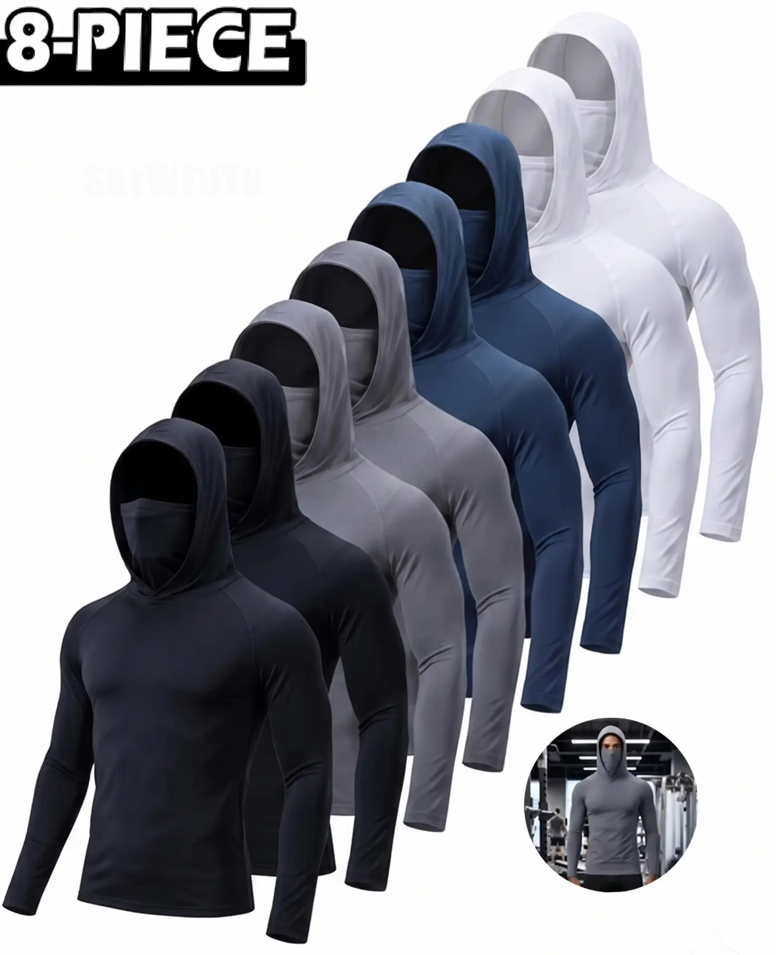 Men’s 8- Pack Lightweight Performance Hoodies, Long Sleeve Hooded Activewear Athletic Wear, Moisture Wicking Breathable Sun Protection Shirts Gym Gear as Outdoor Adventure Gear