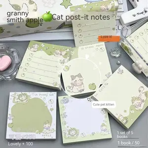 Cute Cat Apple Sticky Notes, 50 Sheets Per Book, 5 Books Set, 7.5x7.5 Cm, Ideal for Office, School, Home, Teacher Gift