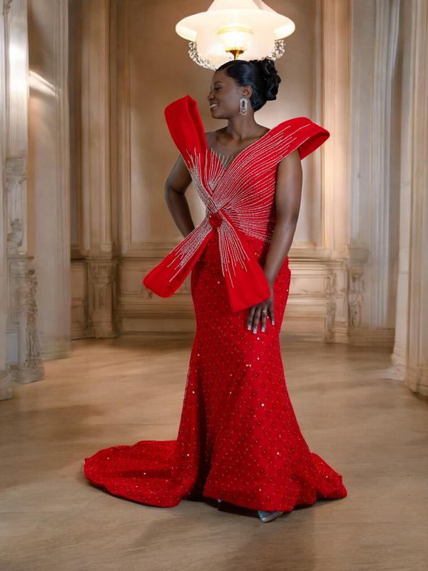 Crimson Sovereign Red Lace Evening Gown | Hand-Embellished Couture Dress | Custom Made Luxury Gala & Red Carpet Gown