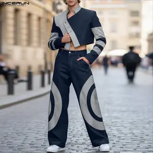 INCERUN Men's Crop Blazer Jacket Asymmetric Color Block Streetwear Y2K Party Club Outfit High Fashion Avant-Garde Coat