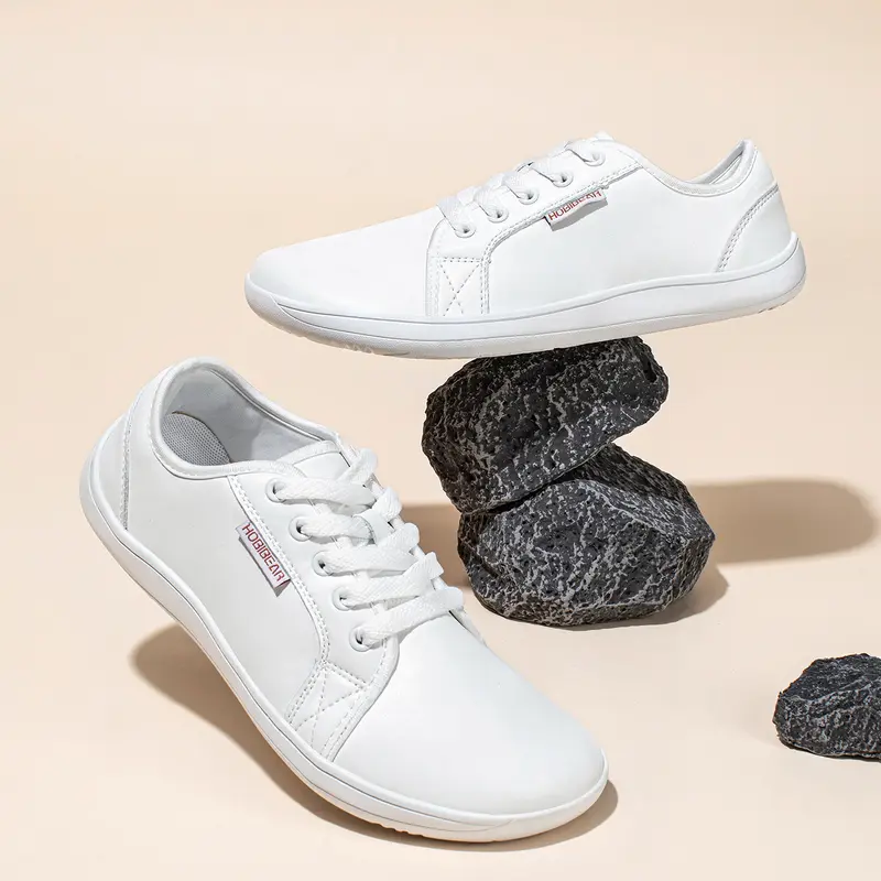 HOBIBEAR Men's Leather Lace-up Casual Trainers - 1 Pair, Wide Feet Friendly, Wide Head, Soft Bottom, Ankle Design, Basic Fabric, All Seasons Walking Shoes, Flat Heel (1 cm or Less), Flexible Sneaker, Export Trade White Shoe