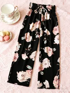 High Waist Floral Rose Print Wide Leg Pants, Vacation Style Belted Loose Fit, Plus Size Versatile Women's Trousers, Comfortable, Aesthetic and Stylish