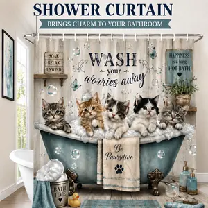 Five Cats Single-Layer Shower Curtain with Hooks - Playful Bath Partition & Artistic Animal Design for Home, Elegant Shower Curtain, Home Decoration, Fun Decor, Durable Fabric, Home Decorators