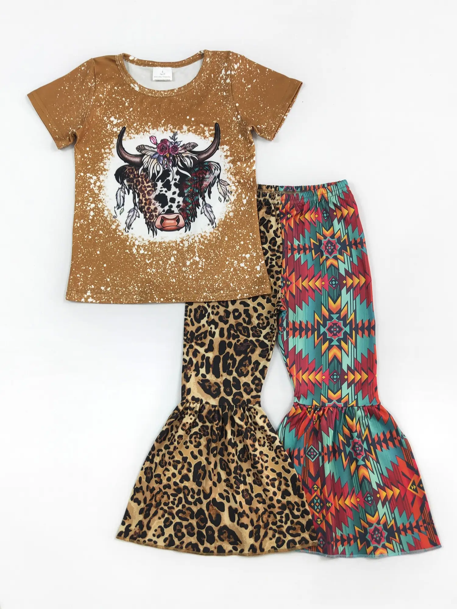 Western Cow Print bell pants Girls Set