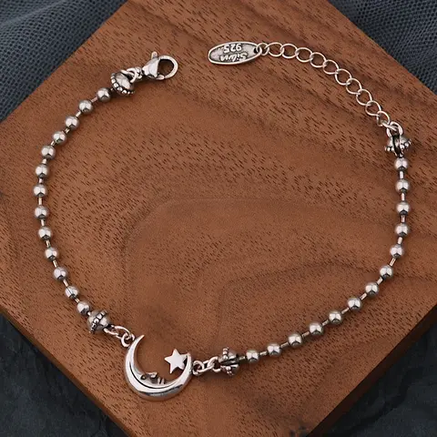 Women's Adjustable Silver Crescent Moon and Star Charm Artificial Gemstone Bracelet - Exquisite Trendy, High Quality, Fashionable Daily Female Jewelry for Minimalist Everyday Wear