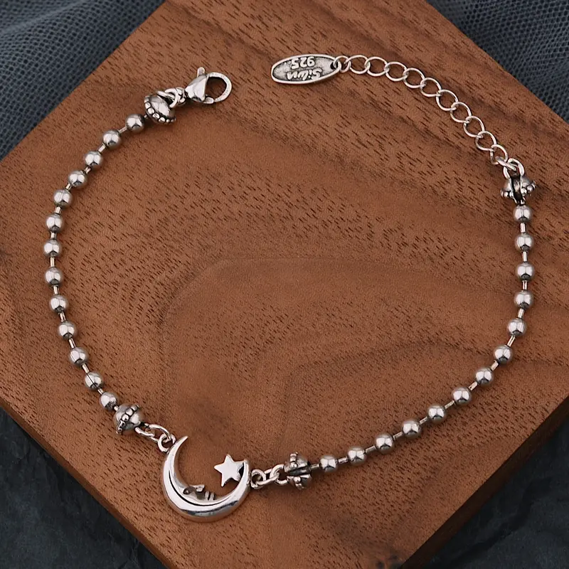 Women's Adjustable Silver Crescent Moon and Star Charm Artificial Gemstone Bracelet - Exquisite Trendy, High Quality, Fashionable Daily Female Jewelry for Minimalist Everyday Wear
